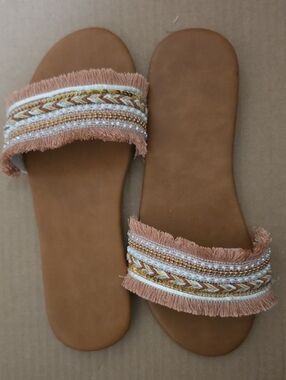 Embellished Fringe Slide Sandals - Peach